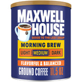 Maxwell House Morning Boost canister of medium roast grounds for daily brewing