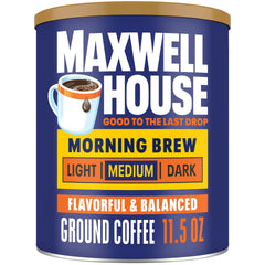 Maxwell House Morning Boost canister of medium roast grounds for daily brewing