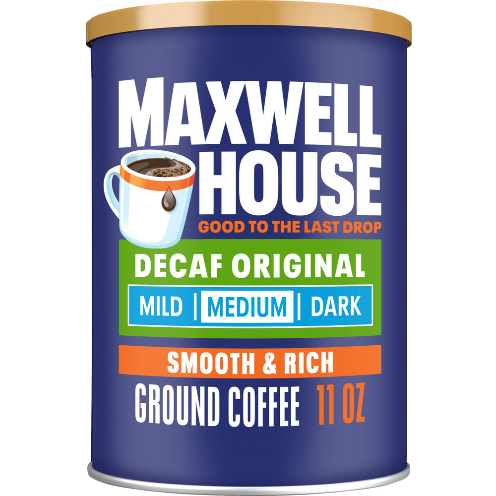 MAXWELL HOUSE Original Blend Decaf ground coffee canister keeps flavor fresh for daily brewing.