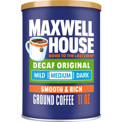 MAXWELL HOUSE Original Blend Decaf ground coffee canister keeps flavor fresh for daily brewing.