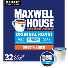 MAXWELL HOUSE Original Roast box showcases a convenient 32-count supply for everyday use.