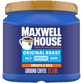 MAXWELL HOUSE Original Roast ground coffee canister showing convenient storage for daily brews.