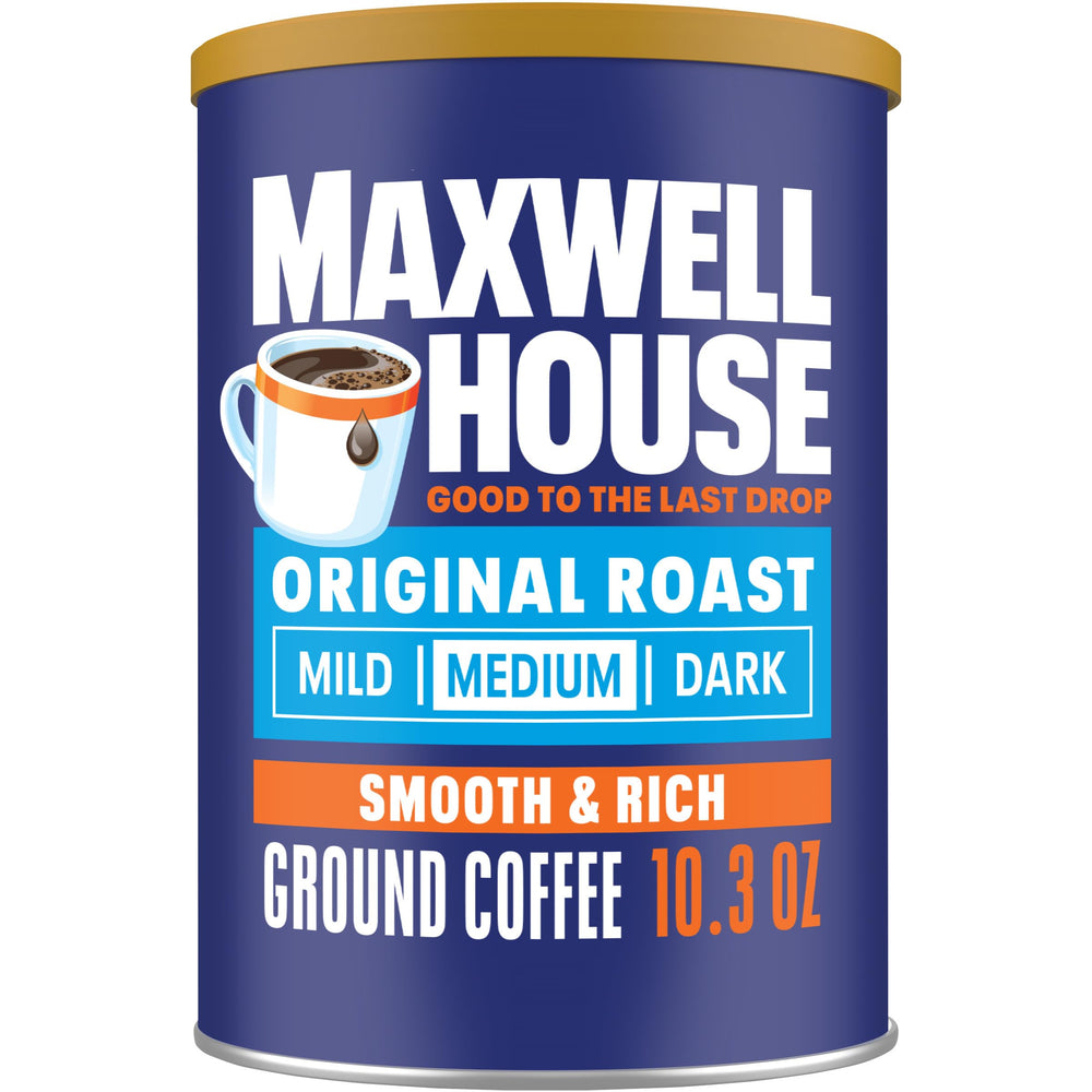 Maxwell House Original Roast unopened canister on counter ready for morning brew