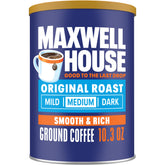 Maxwell House Original Roast unopened canister on counter ready for morning brew