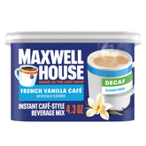Maxwell House sugar-free decaf French Vanilla canister on counter, quick indulgence.