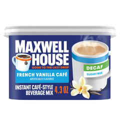 Maxwell House sugar-free decaf French Vanilla canister on counter, quick indulgence.