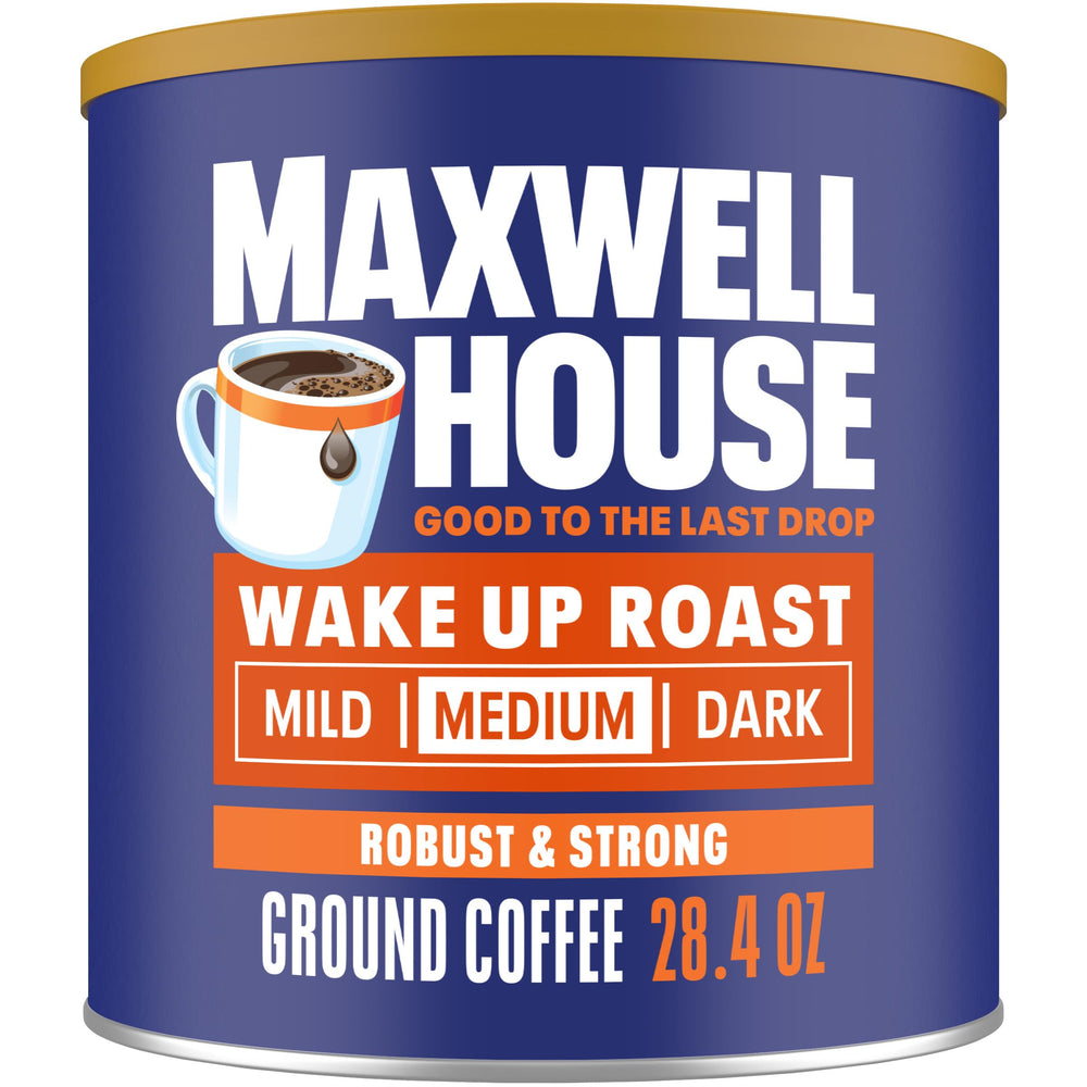 Maxwell House Wake Up Roast canister on a kitchen counter for quick morning brews.