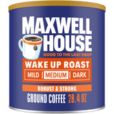 Maxwell House Wake Up Roast canister on a kitchen counter for quick morning brews.