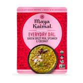 Maya Kaimal green split peas dal pack on shelf, a convenient pantry staple.
