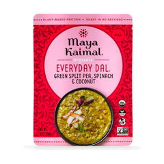 Maya Kaimal green split peas dal pack on shelf, a convenient pantry staple.