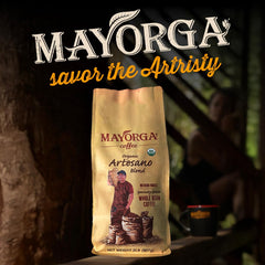Mayorga Artesano Blend coffee beans close-up showing premium organic Arabica.