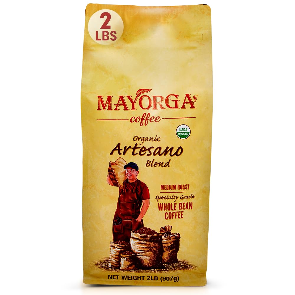 Mayorga Artesano Blend whole-bean bag ready for fresh at-home grinding.