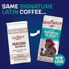 Mayorga Mayan Blend whole beans closeup showing premium organic Arabica.