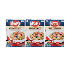 Maypo maple oatmeal nutrition label highlights fiber and serving details.