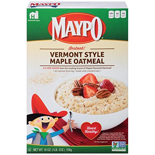 Maypo Vermont Style Maple Oatmeal box showing 19 oz package for quick breakfasts