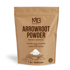MB Herbals Arrowroot Flour 1lb packaging; gluten-free thickener for sauces.
