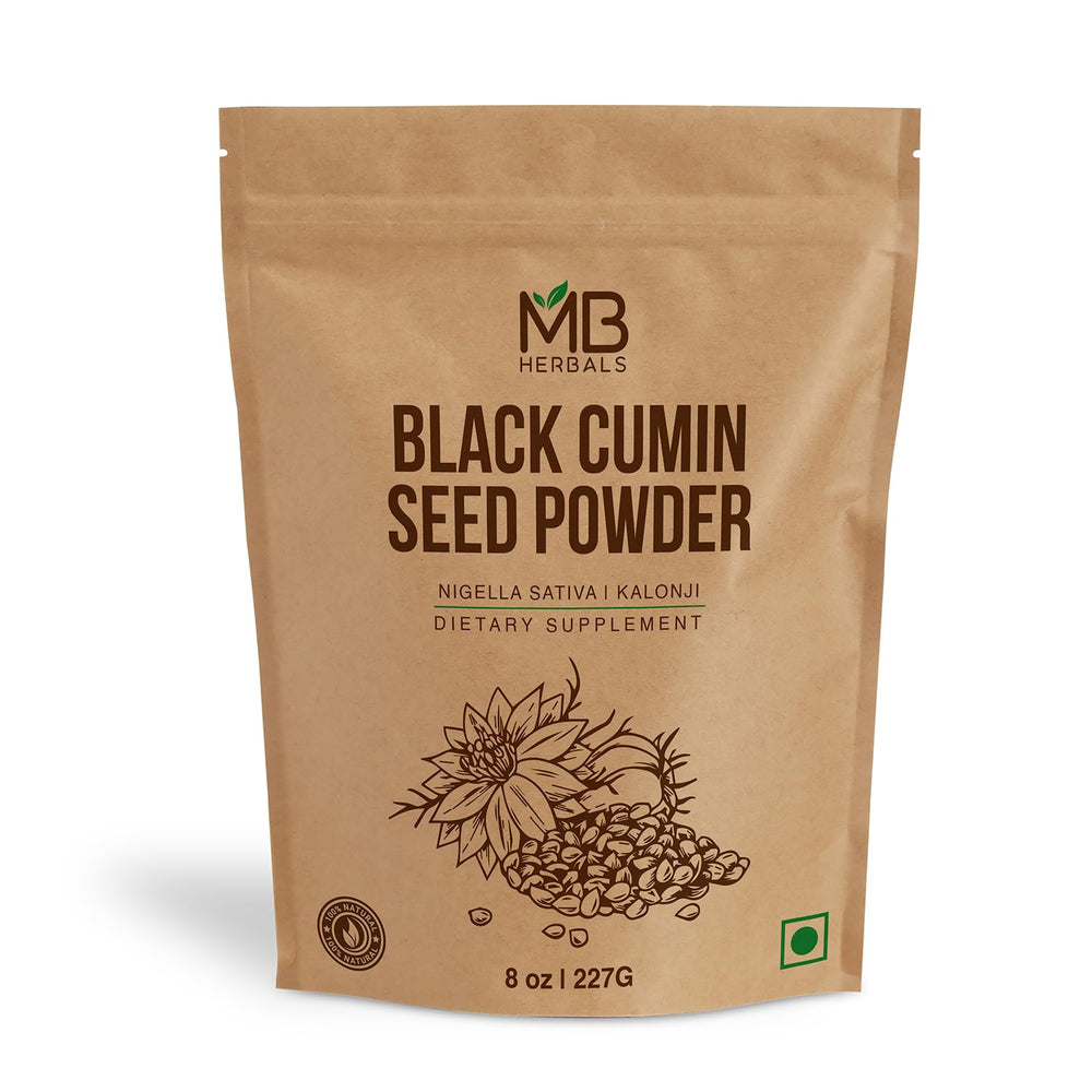 MB Herbals Black Cumin Seed Powder bottle showing pure Nigella sativa for curries and smoothies.