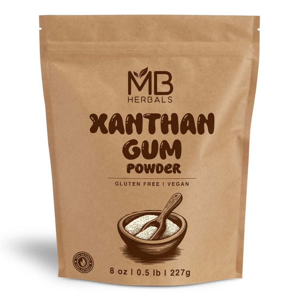 MB Herbals Xanthan Gum 8oz powder improves texture in gluten-free baking and sauces.