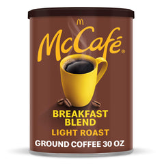 McCafe Breakfast Blend light roast ground coffee in a 30 oz canister for daily brewing.