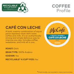 Close-up of McCafé Cafe con Leche K-Cup pods highlighting bold, creamy flavor.