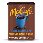 McCafé Colombian ground coffee canister front view, highlighting freshness for home brewing