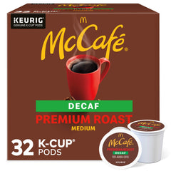 McCafé Premium Roast Decaf K-Cup pod close-up showing rich aroma.