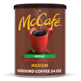 McCafé Premium Roast Decaf ground coffee canister ready for home brewing