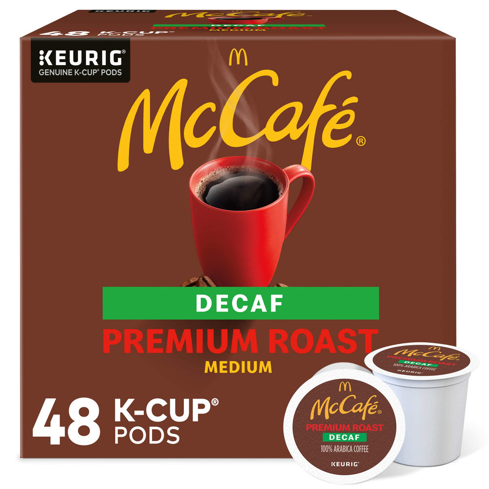 McCafé Premium Roast Decaf K-Cup pod on a countertop, perfect for a gentle morning ritual.