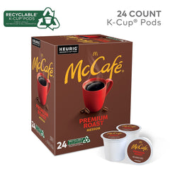 A McCafé Premium Roast K-Cup beside a cup to highlight inviting aroma.