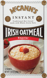 McCann's Irish Oatmeal instant packaging shows quick-cook regular oats for busy mornings.