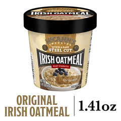 McCann's Irish Oatmeal cup microwaving in minutes for hot breakfast.