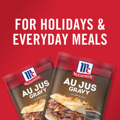 McCormick Au Jus Gravy being poured over roast beef for a beefy, restaurant-style jus.