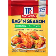 McCormick Bag 'n Season seasoning packet close-up with onion, garlic and herbs