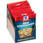 McCormick Beef Stroganoff Seasoning Mix packaging on shelf, ready for quick weeknight dinners