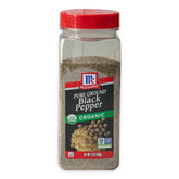 McCormick Black Pepper Organic Ground bottle resting on a kitchen shelf for everyday cooking.