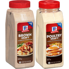 McCormick Brown Gravy Mix being poured for smooth, lump-free gravy.