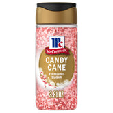 McCormick Candy Cane Finishing Sugar jar closeup with peppermint aroma and festive color