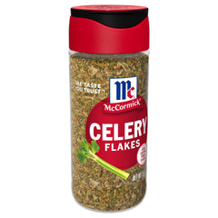 McCormick Celery Flakes bottle closeup showing real celery essence for cooking