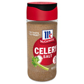 McCormick Celery Salt bottle on counter highlighting crisp celery flavor for recipes.