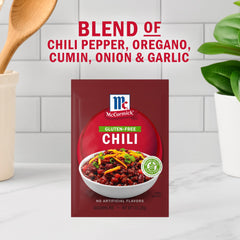 Measuring spoon with McCormick chili seasoning for easy chili prep.