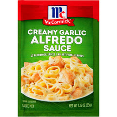 McCormick Creamy Garlic Alfredo Sauce Mix front label for easy pasta