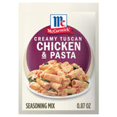 McCormick Creamy Tuscan Chicken & Pasta packaging promotes quick weeknight option.