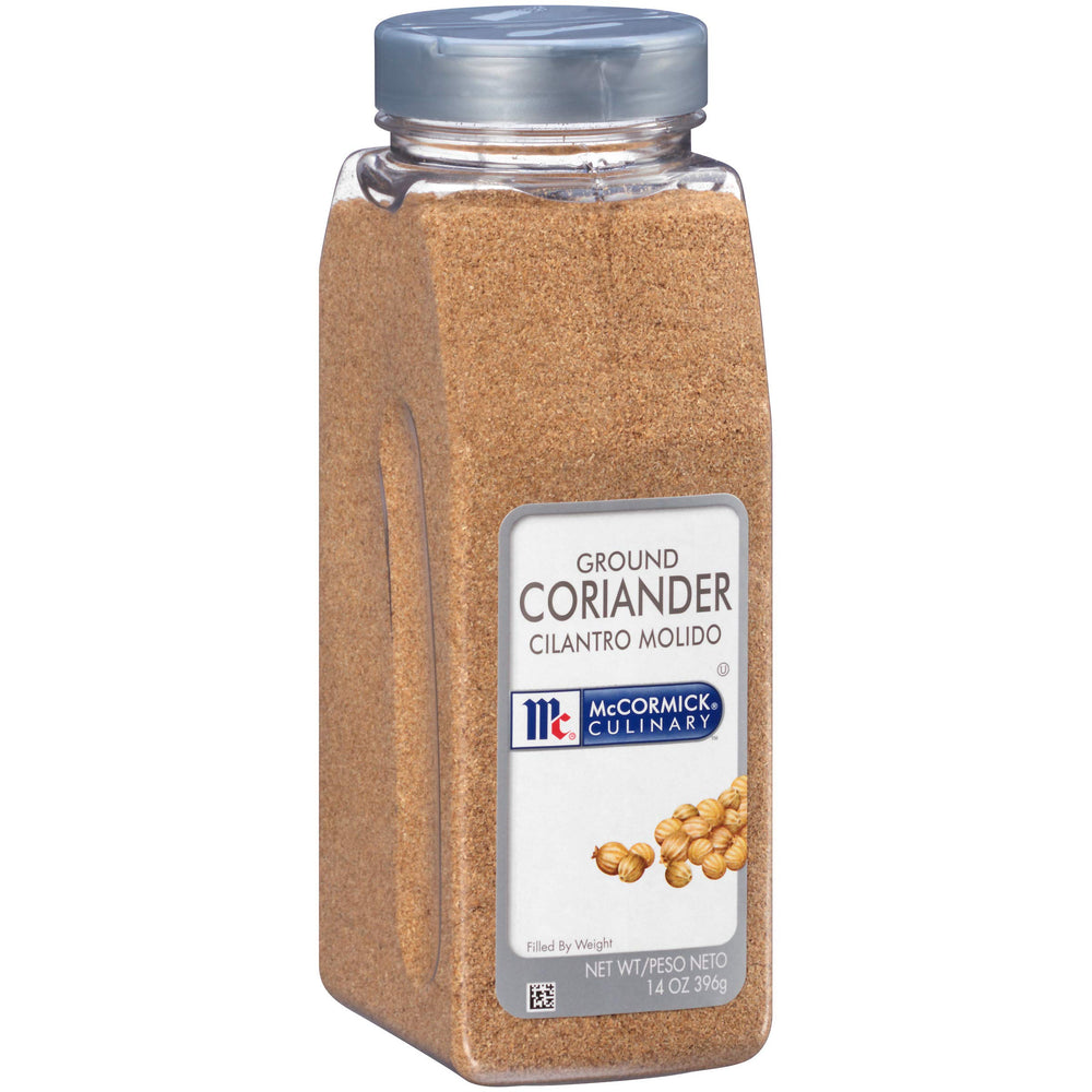 McCormick Culinary Ground Coriander container close-up highlighting premium seeds