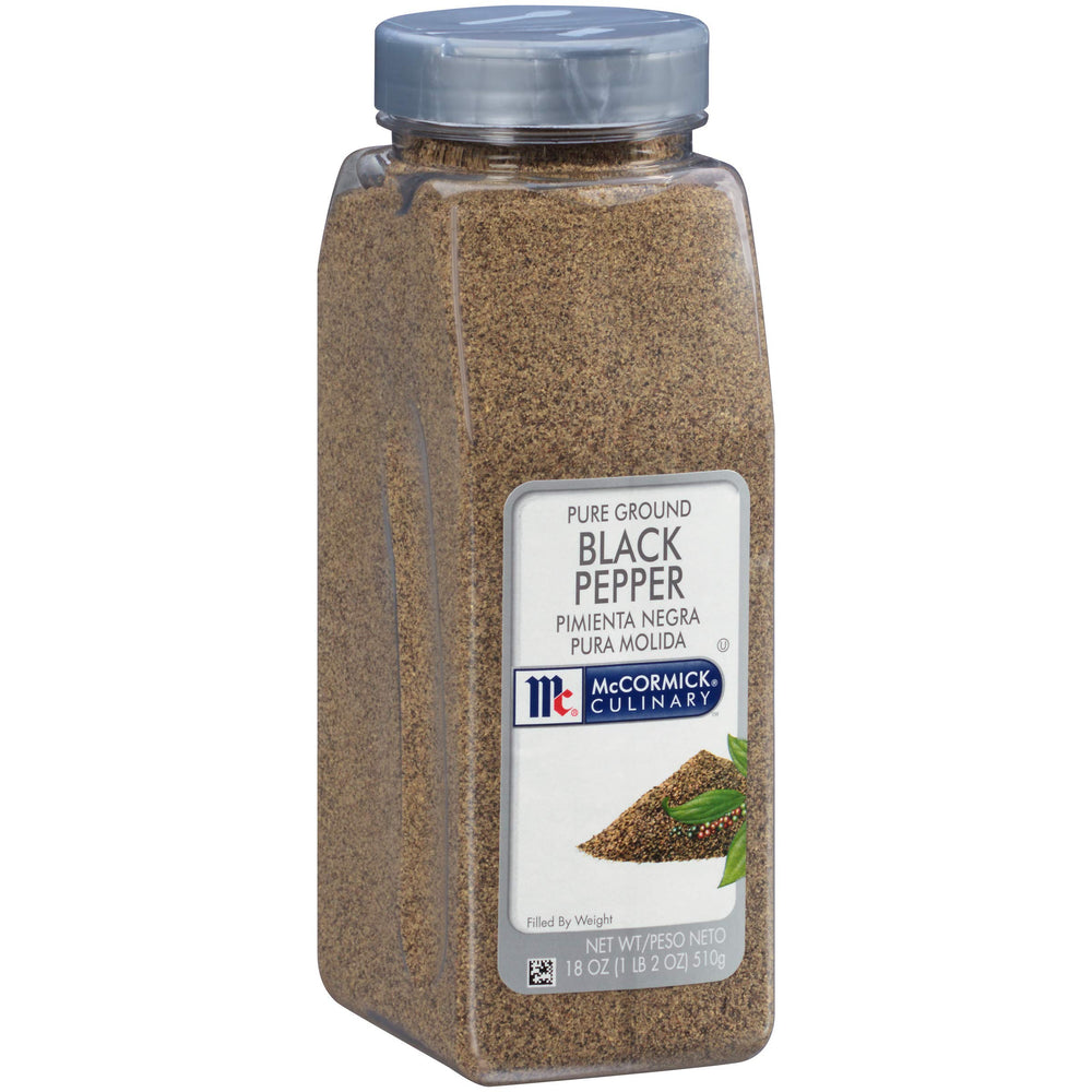 McCormick Culinary Pure Ground Black Pepper container 18-ounce for versatile kitchen seasoning.