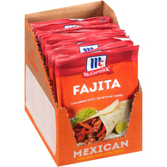 McCormick fajita seasoning mix packaging closeup shows convenient single-serve packets for quick meals
