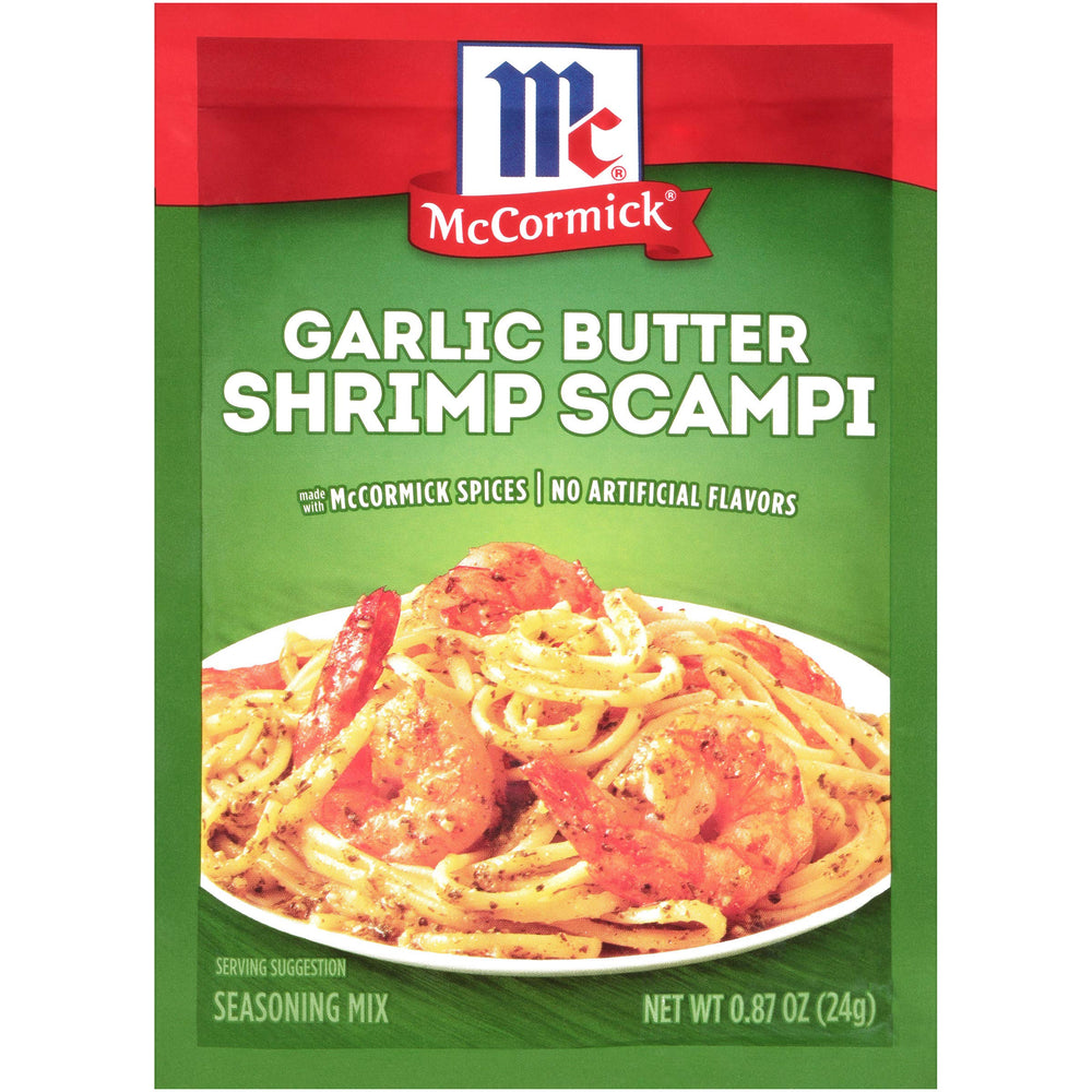 McCormick Garlic Butter Shrimp Scampi Mix pack shot for quick weeknight dinners.