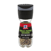 McCormick Garlic Pepper Grinder label highlighting bold flavor blend for meals