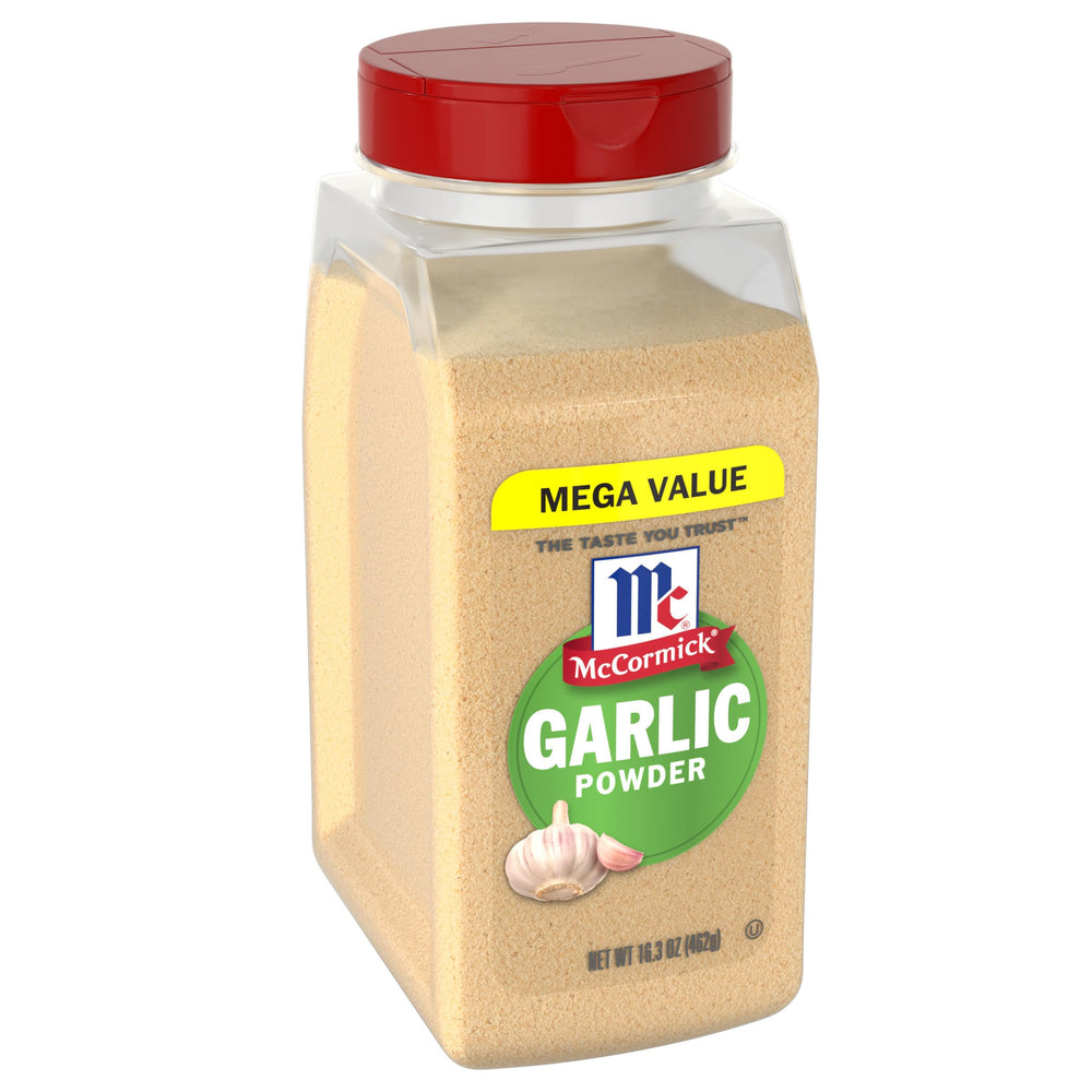 McCormick Garlic Powder 16oz bottle ready to flavor soups and stews evenly