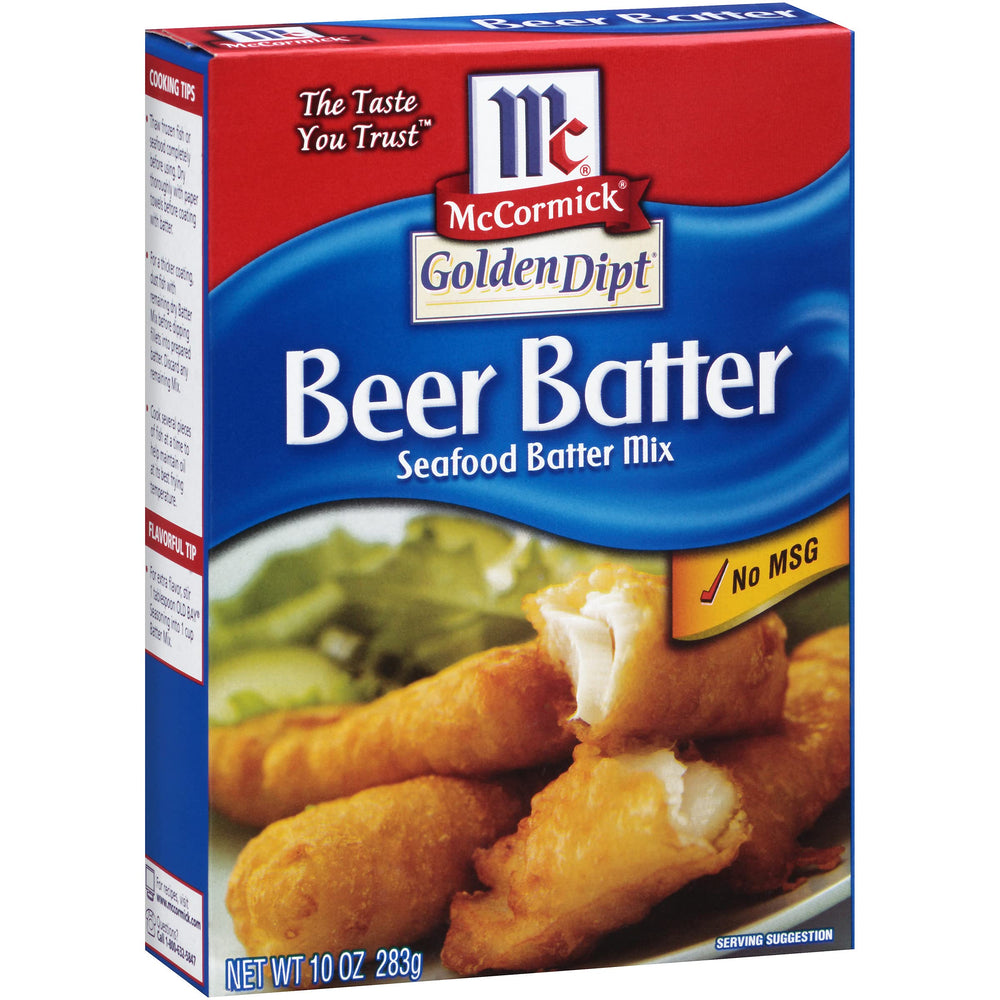 McCormick Golden Dipt beer batter mix packaging front for quick, crispy seafood coating.