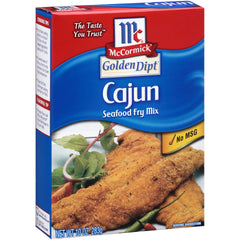 McCormick Golden Dipt Cajun Seafood Fry Mix box ready for crispy seafood bites.
